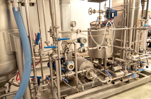 Food and beverage process water — brewery filtration train with stainless-steel vessels and pipework