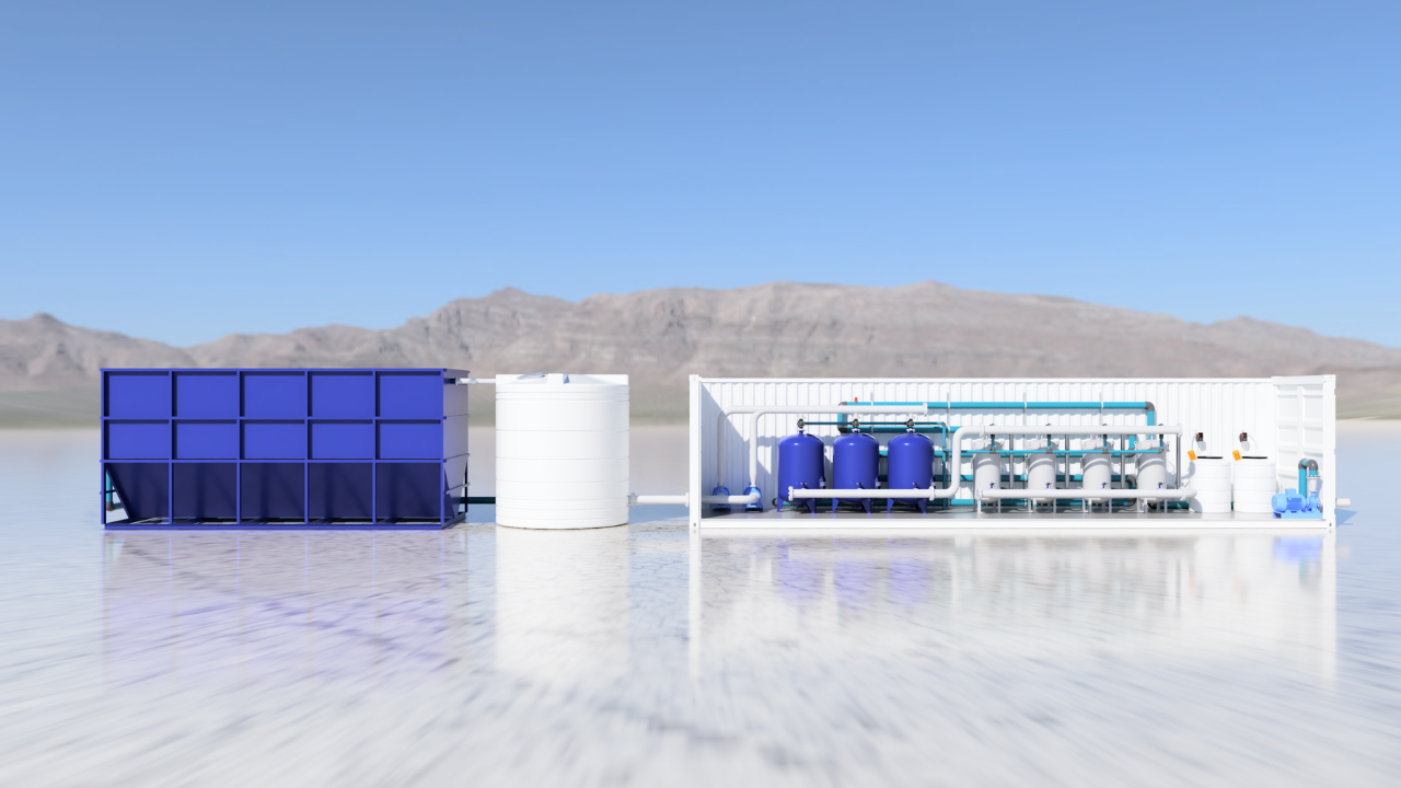 Purus platform render — containerised treatment skid, storage tank and feed tank deployed on-site