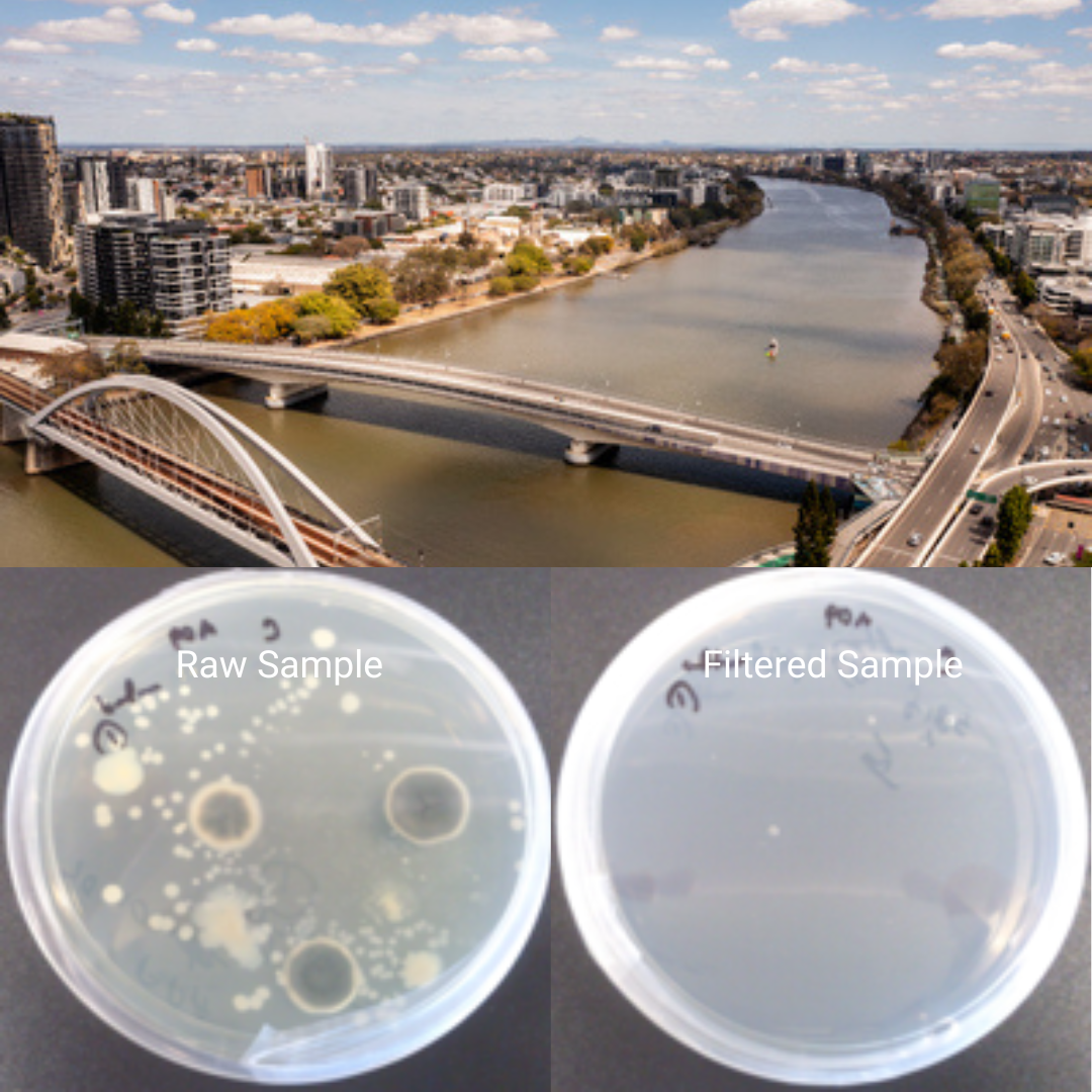 River water samples before and after Purus filtration — turbid feed on the left, clarified filtrate on the right