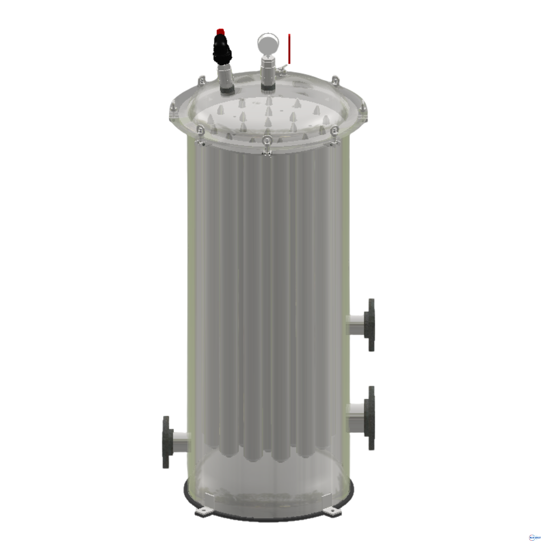 Purus vessel element assembly diagram showing the inlet manifold, filter-element array and outlet manifold